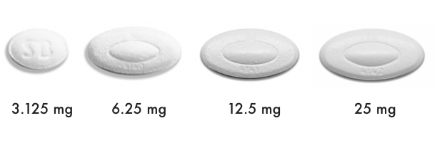 Tablet images of COREG IR: 3.125 mg tablets are white, oval-shaped with "3B" embossed. Larger doses appear elongated, white, with a smaller oval inside.